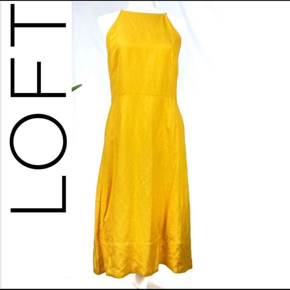 LOFT Size 6 Yellow Linen Blend Halter Dress MIDI Spring Summer - Picture 2 of 13